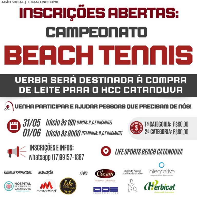 Inscrições abertas para Campeonato de Beach Tennis pró-HCC