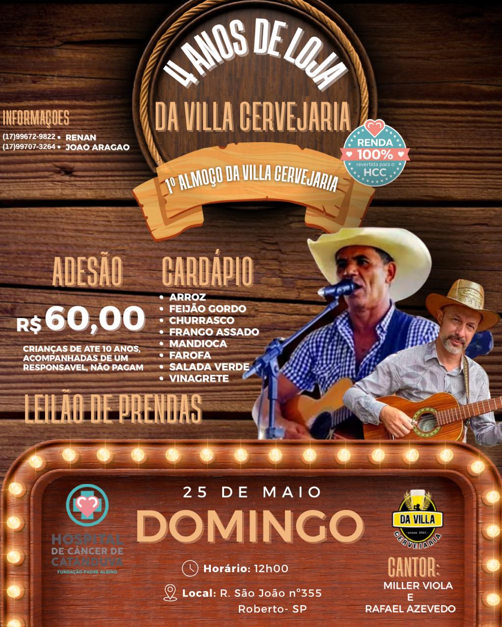 Da Villa Cervejaria celebra 4 anos com almoço beneficente pró HCC