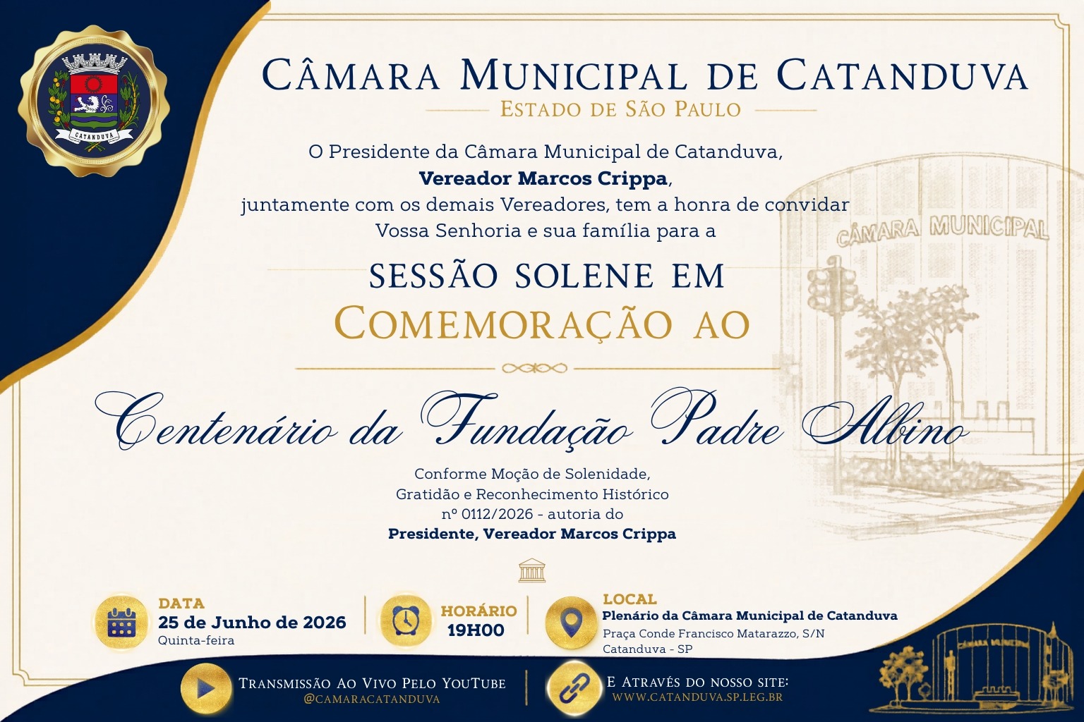 Câmara Municipal homenageia Fundação Padre Albino pelos 100 anos nesta quinta-feira, dia 25